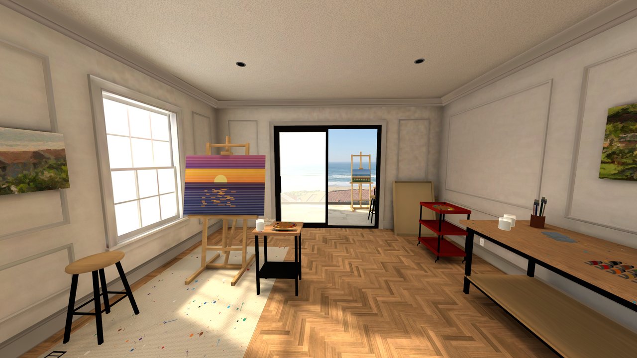 The studio and the glass door to the balcony